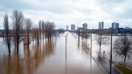 Obraz premium Urban flooding in a city with bare trees and overcast sky