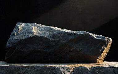 Minimalist Granite Rock Display on Dark Wall for Tranquil Product Presentation in Studio Background