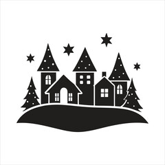 Naklejka premium Christmas Village Silhouette Vector Illustrations Featuring Holiday Scenes and Winter Landscapes