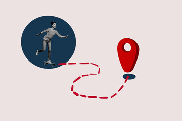 Composite photo collage of happy girl ride skateboard map geolocation icon summer relocation travel...