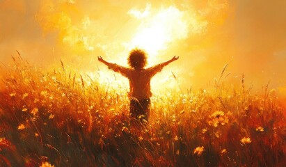 Child Praising the Lord in Prayer with Arms Raised to Heaven in a Serene Landscape