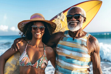 Sunny beach vibes with this joyful couple soaking up rays and ready to ride the waves