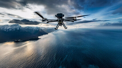 Drone Flying Over Coastal Mountains and Ocean at Sunset