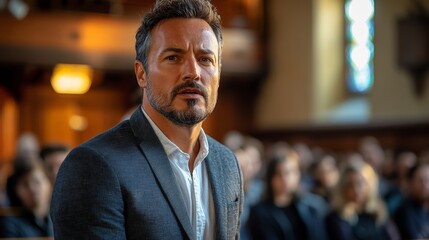 Fototapeta premium Man in a suit is standing in front of a crowd. He is wearing a black jacket and white shirt