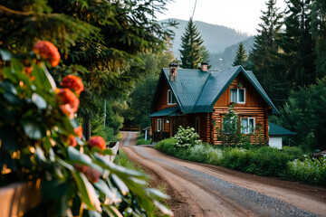 A house with a green roof and a driveway in front of it