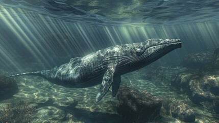 A majestic whale swimming gracefully underwater, illuminated by sun rays.