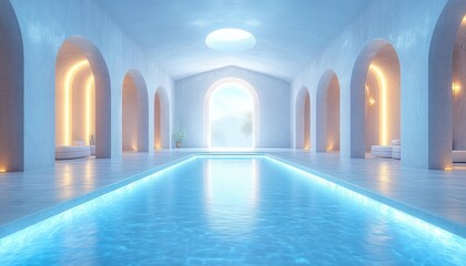 Futuristic White Platform Interior Room with Blue Lighting for Product Display Minimalist Scene