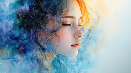 Fototapeta premium Beautiful Young Woman Watercolor Portrait with Flowing Hair and Soft Pastel Colors