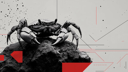 Graphic design featuring a crab. Geometric shapes and lines in warm tones.

