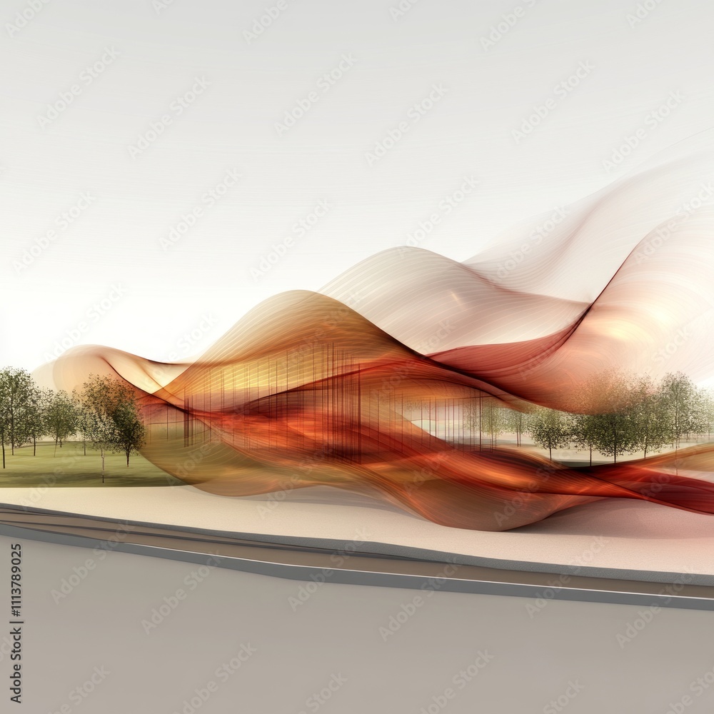 Poster abstract architectural design with flowing red and orange forms, set against a light background with
