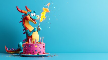 A cute blue dragon blows out the candles on a pink birthday cake.