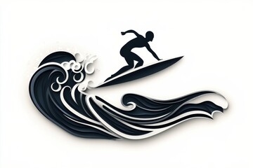 Black linear logo of surfer with surfboard riding a the waves. Vintage monogram. Art emblem, isolated on a clean white background. Minimalism style with abstract design elements. Generated by AI