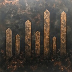 Abstract art depicting tall, slender, textured bronze columns against a dark, cloudy background.