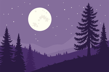 Illustrator Artwork of landscape and paysage nature and mountain and sky, clouds, lakes with nice view purple moon