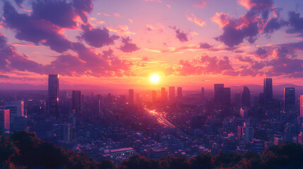 Fototapeta premium Cityscape Sunset Vibrant Hues Skyline Panorama