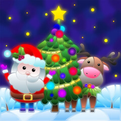 A stained glass illustration with Santa, a Christmas tree and a deer on a starry sky background