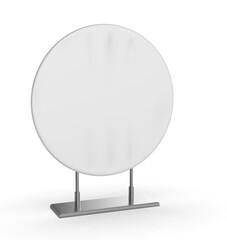 Blank circular tension fabric banner on metal stand 3d render illustration.