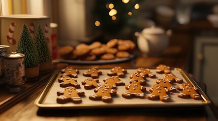 Festive Kitchen Scene with Cookies Shaped Like Christmas Figures