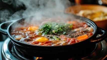 Fototapeta premium A steaming pot of shabu cooking at the table, with broth swirling and ingredients simmering, highlighting the communal dining experience and cozy atmosphere