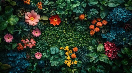 Lush floral wall with vibrant blooms and green foliage.