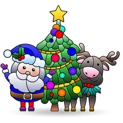 A stained glass illustration with Santa, a Christmas tree and a deer on a starry sky background