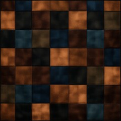 Abstract checkered pattern with dark brown, orange, and blue tones.