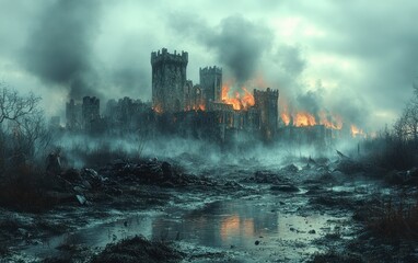 Battlefield Aftermath Depicting Armor and Weapons in a Dark Stormy Landscape of Medieval Warfare and Conflict