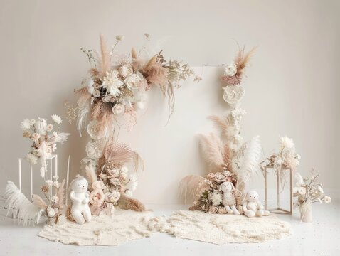 Elegant neutral backdrop with pampas grass, dried flowers, and teddy bears for photography.