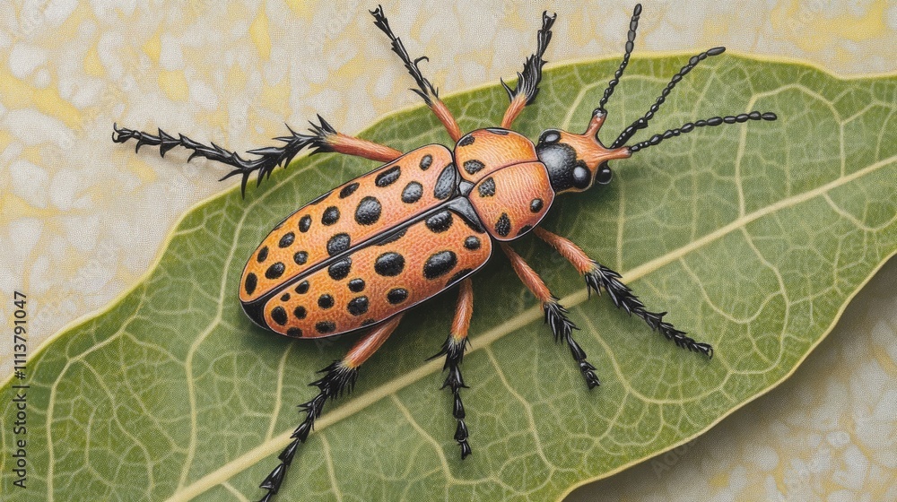 Poster a striking macro photograph of a colorful beetle resting on a leaf, showcasing its intricate pattern
