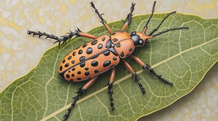 A striking macro photograph of a colorful beetle resting on a leaf, showcasing its intricate patterns and textures, highlighting biodiversity