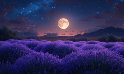 Fototapeta premium Moonlit Lavender Field Under Starry Night Sky Serenity Tranquility Floral Landscape
