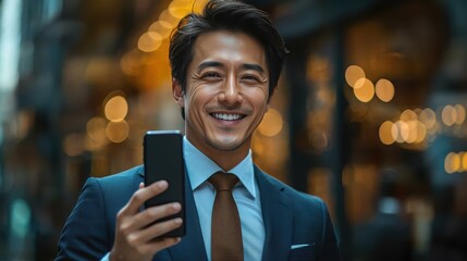 Confident Businessman Using Smartphone in Urban Setting at Night