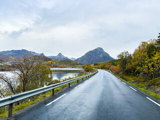 Obraz premium Autumn landscape in Lofoten Islands, Northern Norway, featuring colorful foliage, and a peaceful fjord.