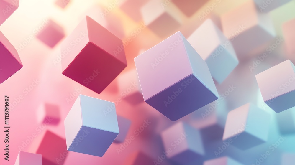 Poster abstract background with pastel colored cubes floating in the air.
