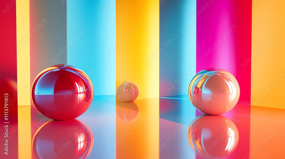 Aufkleber abstract background with three shiny spheres in a colorful room.
