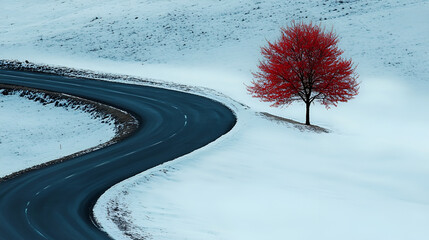 a lone red tree in the middle of a snowy field, the ebony tree stands alone on the snowfield, bathed in the faint red morning light, its dark silhouette contrasting beautifully with the winter wonder

