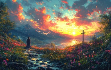 Thankful Woman Praising Lord in Prayer Kneeling before Cross in Serene Landscape