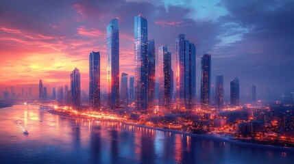 Fototapeta premium Vibrant sunset over a modern city skyline reflected in calm water. (1)