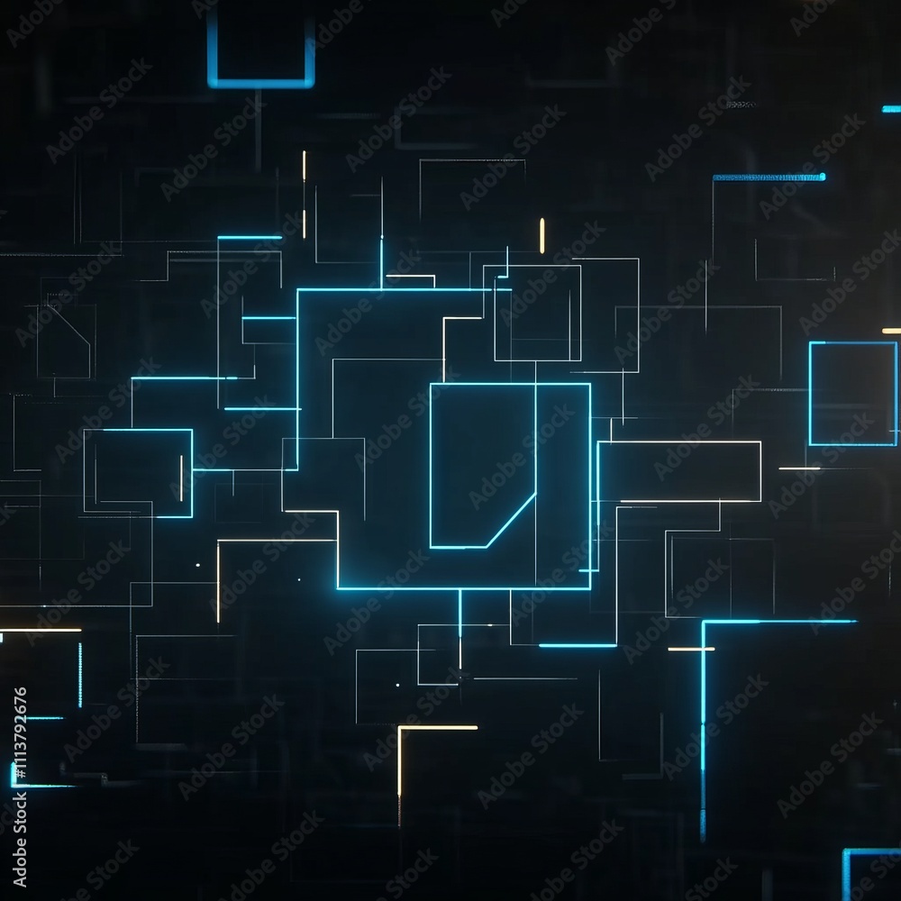 Poster abstract glowing circuit lines and squares forming a complex network.