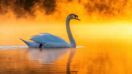 Fototapeta premium Elegant Swan Gliding Through Misty Water at Sunrise in Autumn