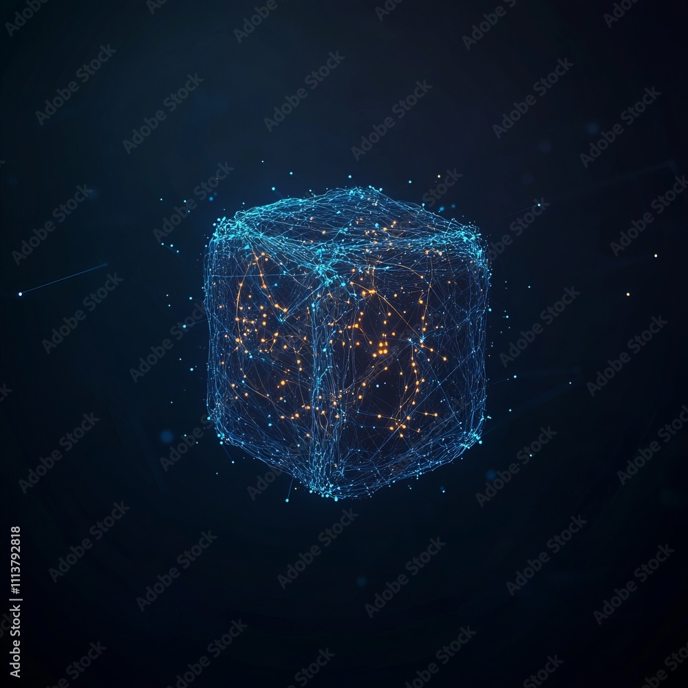 Poster abstract glowing cube of interconnected points and lines on dark background.
