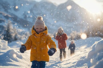 Children Playing in Snow in Winter Wonderland with Family Joy and Laughter in Bright Yellow Jacket
