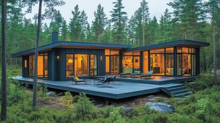 Obraz premium A stylish Nordic home with a flat roof and large windows, surrounded by pine trees and open space, creating a perfect blend of nature and architecture