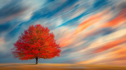Autumn landscape with a big tree and yellow leaves, 3d rendering, colors flora autumn background, fluffy sprawling tree in field during autumn leaf fall, Autumn tree on blue sky background
