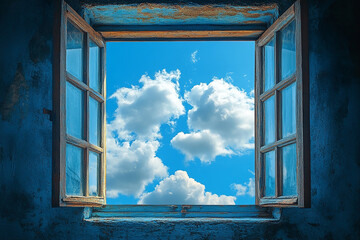 Old Window Frame Reveals Blue Sky and Fluffy Clouds