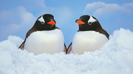 Fototapeta premium Two Gentle Penguins Nestled Together in Snowy Landscape