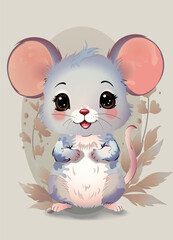  Cute mouse with splashes of colors and floral ornament the light beige background
