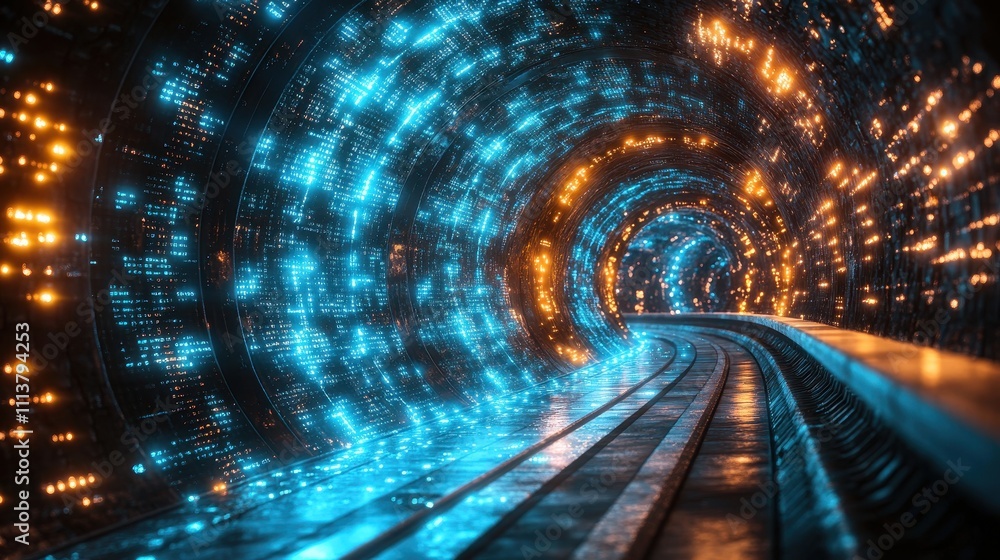 Poster dynamic light tunnel experience futuristic environment digital art abstract design illuminated pathw