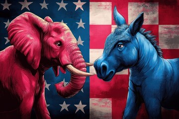 Political Clash: Red Elephant vs Blue Donkey on American Flag