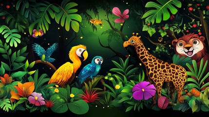 Obraz premium Colorful jungle scene with animals like giraffe, lion, parrot and owl.